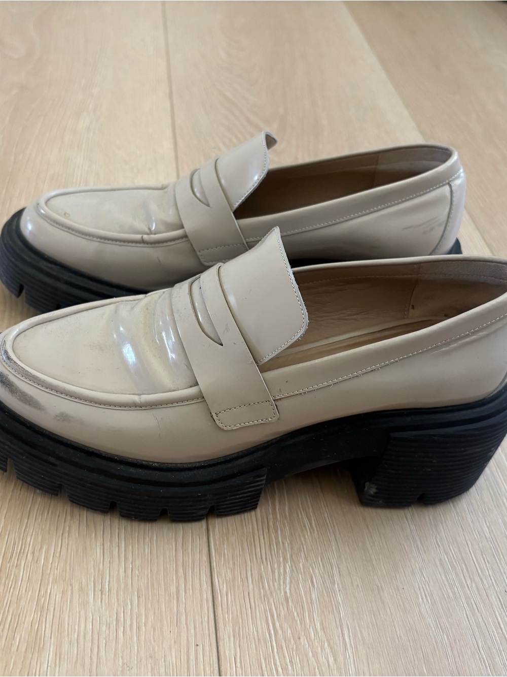 Stuart Weitzman Cream Patent Leather Chunky-Sole Loafers